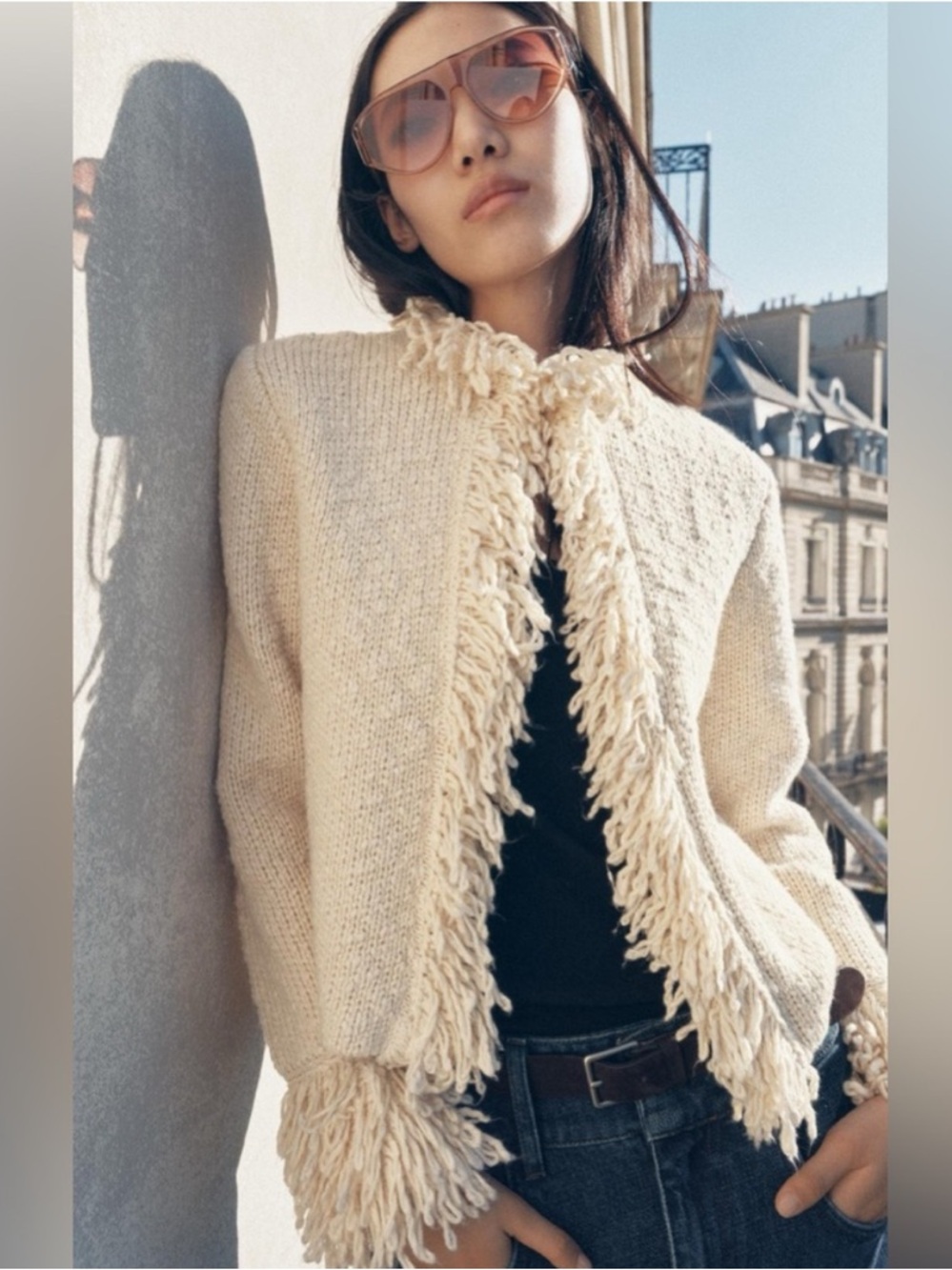 Zara Wool-Blend Fringe Knit Cardigan Textured Jacket Cream Ecru Penny Lane